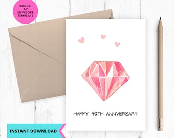 Ruby Anniversary Card: 40th Anniversary, Printable (Digital Download)