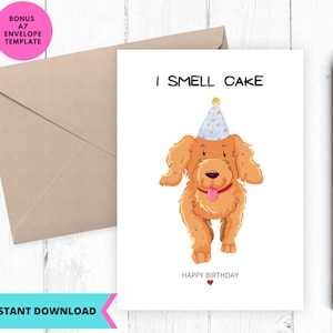 Cartão de aniversário para impressão, cartão de aniversário engraçado, cartão de aniversário do I Smell Cake Dog, download instantâneo, para impressão, digital, pdf