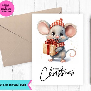 Carte de Noël imprimable, joyeux Noël, souris de Noël, cadeau petite souris, téléchargement immédiat, imprimable, numérique, pdf
