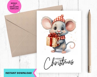 Carte de Noël imprimable, joyeux Noël, souris de Noël, cadeau petite souris, téléchargement immédiat, imprimable, numérique, pdf