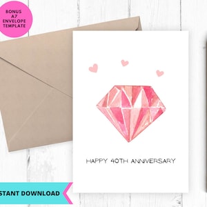 Tarjeta de aniversario imprimible, linda tarjeta de aniversario, tarjeta de feliz 40.° aniversario, tarjeta Ruby, descarga instantánea, imprimible, digital, pdf