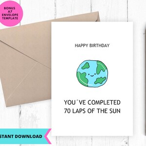 Tarjeta de cumpleaños imprimible, tarjeta de cumpleaños número 70, 70 vueltas al sol, septuagésimo cumpleaños, 70 años, papá, tarjeta divertida, imprimible, digital, descarga