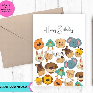 Printable Kids Birthday Card, Animals Happy Birthday Card, Greeting ...