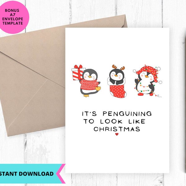 Printable Christmas Card, Penguin Christmas Card, instant download, Printable, Digital, pdf