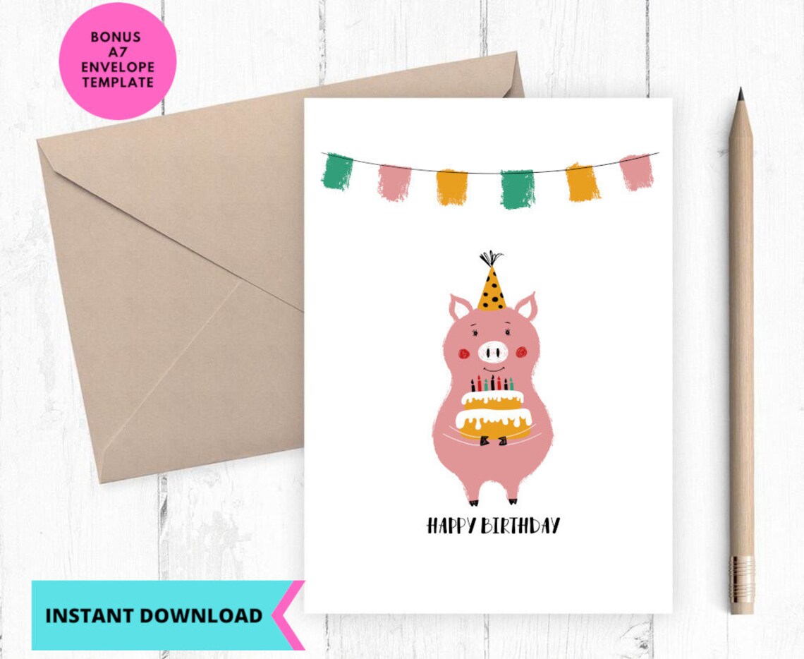 Printable Birthday Card, Cute Pig Happy Birthday Card, , Greeting Card ...