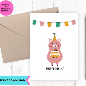 Cartão de aniversário para impressão, Cartão de feliz aniversário de porco fofo, , Cartão de felicitações, Para impressão, Digital, Baixar