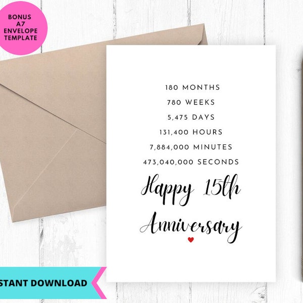 Printable Anniversary Card, Anniversary card, 15th anniversary card, for her, for him, days and months Printable, Digital, Download