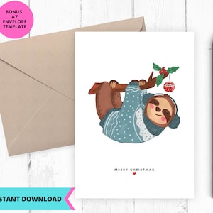 Cartão de Natal para impressão, Cartão de Natal da preguiça, download instantâneo, para impressão, digital, pdf