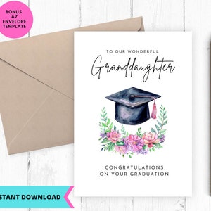 Afdrukbare afstudeerkaart, afstudeerkaart, kleindochter afstuderen, afstudeerhoed bloemen, afdrukbaar, digitaal, download, gefeliciteerd kaart