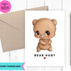 Carte d'amour imprimable, carte je t'aime, carte de câlin d'ours, téléchargement immédiat, imprimable, numérique, pdf