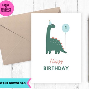 Druckbare alles Gute zum 1. Geburtstag, Geburtstagskarte für Jungen, Baby 1 Jahr alte Dinosaurier Geburtstagskarte, Grußkarte, bedruckbar, Digital, Download