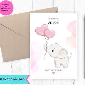 Nichte Printable glücklich 1. Geburtstag, Geburtstagskarte für Mädchen, Baby 1. Geburtstagskarte, Grußkarte, bedruckbar, Digital, Download