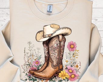Cowgirllaarzen en muts met bloemen png: westers sublimatieontwerp (digitale download)