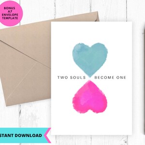 Tarjeta de amor imprimible, tarjeta de aniversario, boda, tarjeta de amor, tarjeta romántica, dos almas se vuelven una, San Valentín, imprimible, digital, descarga