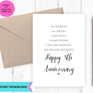 Afdrukbare jubileumkaart, jubileumkaart, 8e verjaardagscadeau, voor haar, voor hem, dagen en maanden Afdrukbaar, Digitaal, download