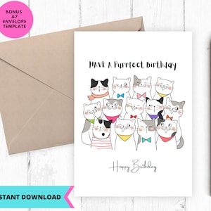 Carte d'anniversaire imprimable, passez un parfait anniversaire, carte de voeux chat, imprimable, numérique, téléchargement