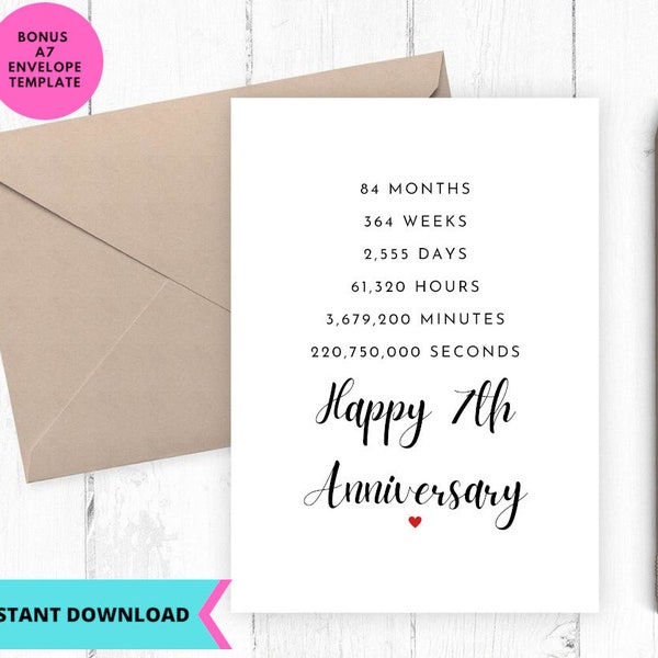 Printable Anniversary Card, Seventh Anniversary card, 7th anniversary gift, for her, for him, days and months Printable, Digital, Download