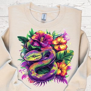 Snake Png, Neon Snake with Flowers PNG – Animals Sublimation Design for Adult T-Shirts, Psychedelic Animal Clipart, Floral Snake tshirt