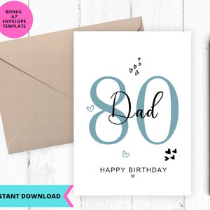 Tarjeta de cumpleaños imprimible, tarjeta de cumpleaños número 80, tarjeta para papá, cumpleaños de papá, octogésimo cumpleaños, 80 años, papá, imprimible, digital, descarga