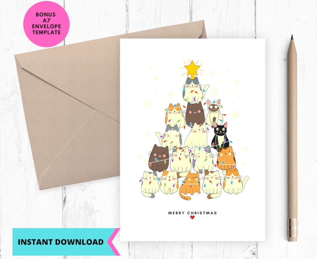 Printable Christmas Card, Cat Christmas Card, Instant Download ...