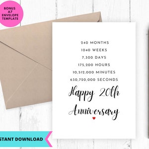 Cartão de aniversário para impressão, cartão de aniversário, cartão de 20º aniversário, para ela, para ele, dias e meses para impressão, digital, download