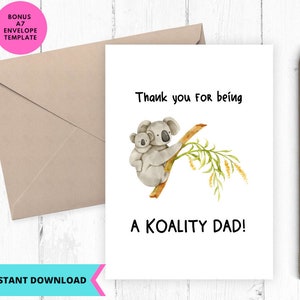 Puede incluir: Una tarjeta blanca con una ilustración de acuarela de dos koalas en una rama. El texto dice "Gracias por ser un papá koala!"