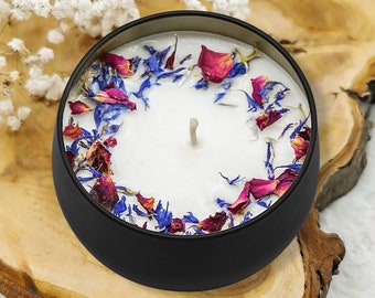 Natural soy wax candle with dried flowers and herbs