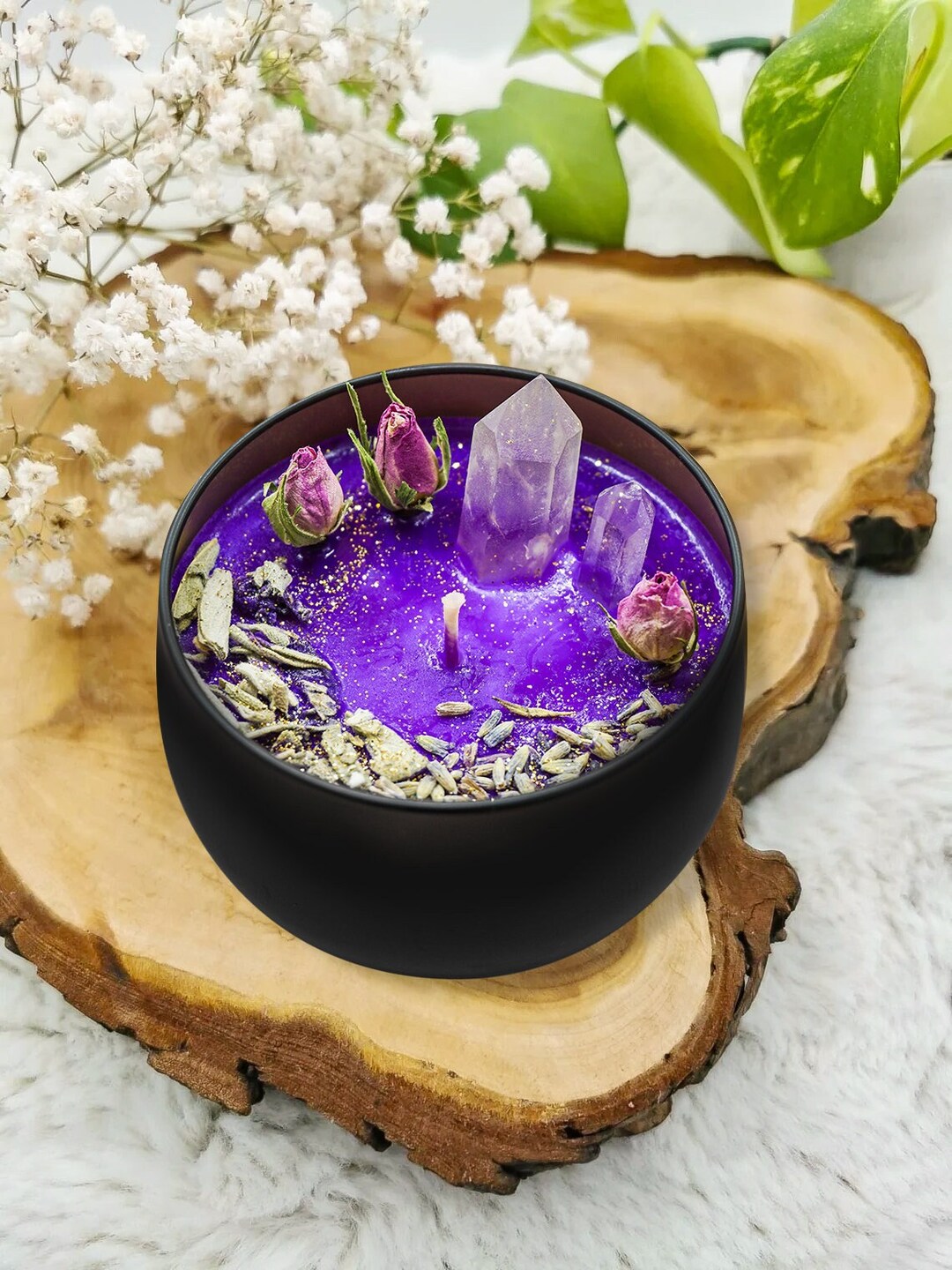 Magical Soy Wax Candle With Crystals and Dried Herbs - Etsy