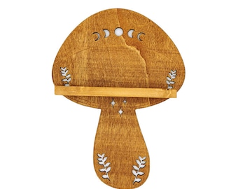 Handmade wooden mushroom shaped shelf for crystals and treasures - 39 x 29 cm