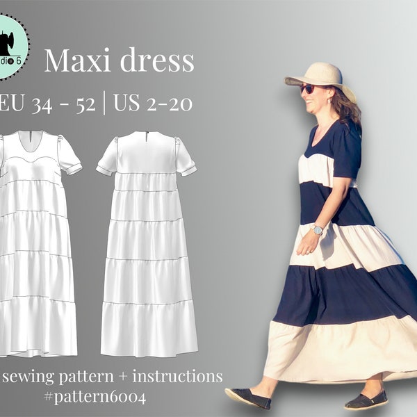 PDF sewing pattern maxi strips dress | size EU 34-52 US 2-20 | long dress | navy dress | step-by-step work instructions | easy to make