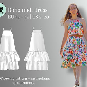 Op de afbeelding: Een naaipatroon voor een boho midi-jurk met een gelaagde rok met ruches. Het patroon bevat instructies en is verkrijgbaar in de maten EU 34-52 en US 2-20. #pattern6003