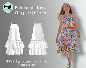 Boho Midi Dress PDF Sewing Pattern | Summer Dress for Women | EU 34–52 | Digital Download
