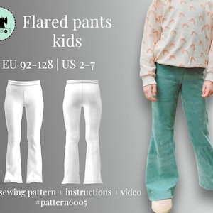 Op de afbeelding: Een PDF-naaipatroon voor flared broeken voor kinderen, maten EU 92-128 | US 2-7. Het patroon bevat instructies en een video tutorial. #pattern6005