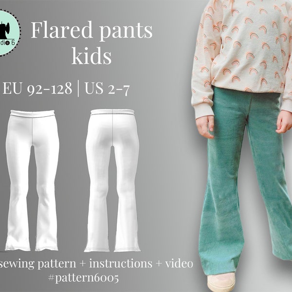 Flared pants kind pdf naaipatroon incl. duidelijke werkbeschrijving en video | maat EU 92-128 US 2-7 | patroon broek kinderen | beginners