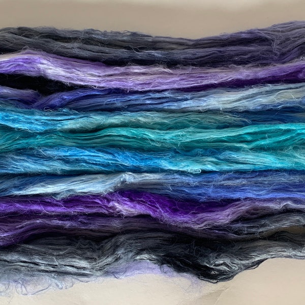 Hand-dyed Mulberry Silk Top / Fibre, Gradient Dyed, Black, Grey, Purple, Lilac, Blue, Turquoise, with Flecks of White & Pastel Colours 27g