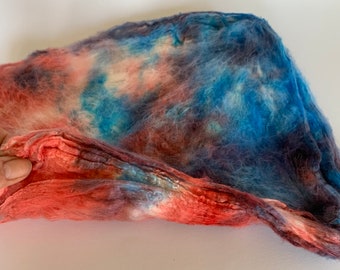 Hand Dyed Silk Hankies, Gradient (Space) Dyed Silk Hankies (Mawata) for Felting, Spinning, Paper-Making etc, 21g