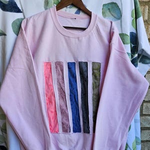 May include: A light pink sweatshirt with a crew neck and long sleeves. The front features a vertical panel design with strips of pink, mauve, blue, gray, and olive green fabric. The sweatshirt is hanging on a wooden hanger.