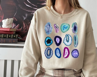 Light Academia Sweatshirt Crystal Geode Agate Shirt | Geology Gift | Dark Academia Clothing | Crystal Grid | Rainbow Geode sweatshirt