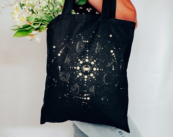 Celestial Cancer Crab Moon Phase Black Tote Bag, Cancer Zodiac Gift, Reusable Canvas Tote, July Birthday Gift, Cancer Astrology Gift