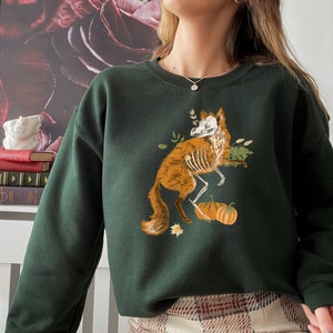 Dark Academia Sweatshirt Halloween Fox and Pumpkin Oversized Sweatshirt | Fox Lover Gift | Women's Halloween Sweatshirt | Creepy Fox Skull