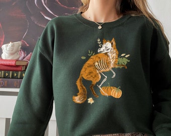 Dark Academia Sweatshirt Halloween Fox and Pumpkin Oversized Sweatshirt | Fox Lover Gift | Women's Halloween Sweatshirt | Creepy Fox Skull