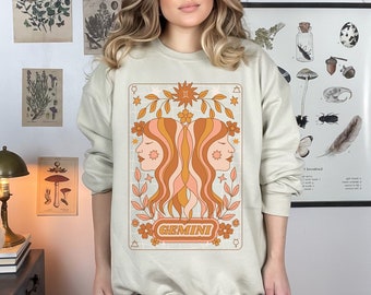 Retro Gemini Zodiac Sweatshirt - Vintage Astrology Shirt for May & June Birthdays, Witchy Gift, 70s Style, Gemini Shirt, Zodiac Gift