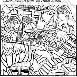 Peut inclure: Illustration en noir et blanc intitulée "DEAF EVOLUTION by Jiayi Zhou." L'œuvre présente un design abstrait complexe avec des éléments tels qu'une église, un drapeau américain, des mains et du texte. Le style rappelle celui d'une bande dessinée ou d'un roman graphique.