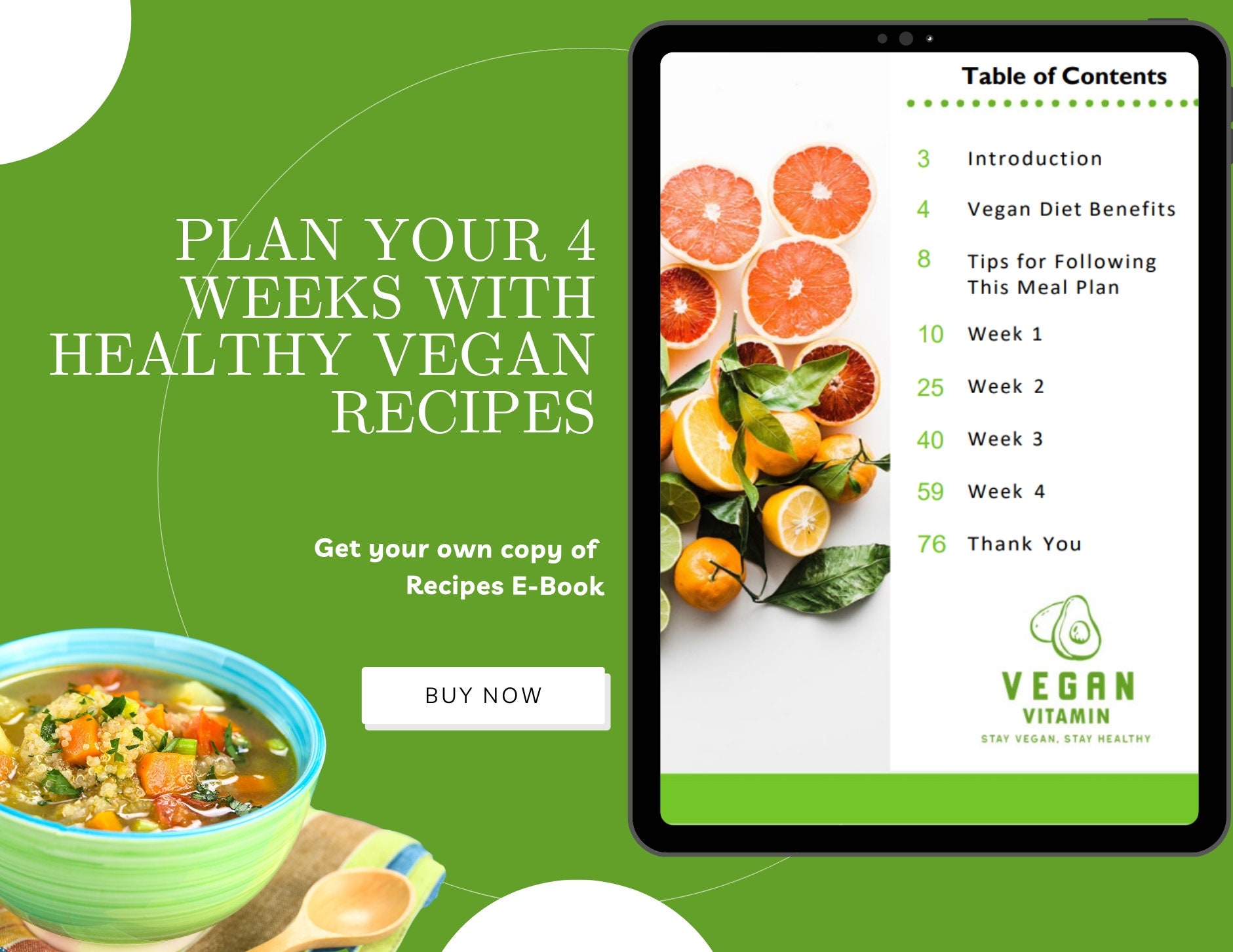 4 Week Vegan Meal Plan Recipe Ebook | Printable Recipe Ebook | Meal ...