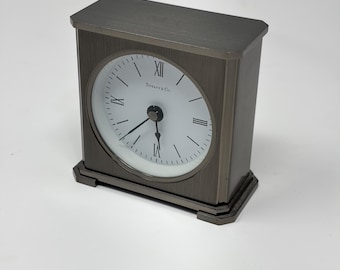 Tiffany & Co Desk Clock Brushed Metal Quartz Roman Numeral Table Clock