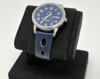 Timex Indiglo Day Date Blue Dial WR30M Quartz Mens Watch Leather
