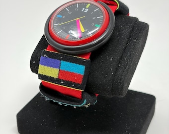 Vintage 1980s Swatch Pop Watch Red Black Colorful Strap Swiss Quartz Retro 80s