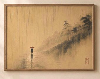 Póster de arte mural japonés con paisaje lluvioso, impresión Japandi, decoración Wabi Sabi.