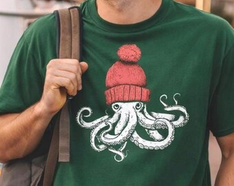 Octopus T-Shirt, Unisex Cotton Classic Fit with Retro Beanie Graphic