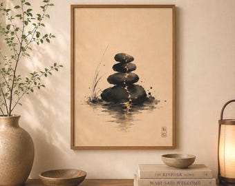 Arte mural japonés: lámina de piedra zen, decoración Japandi, póster Wabi Sabi.